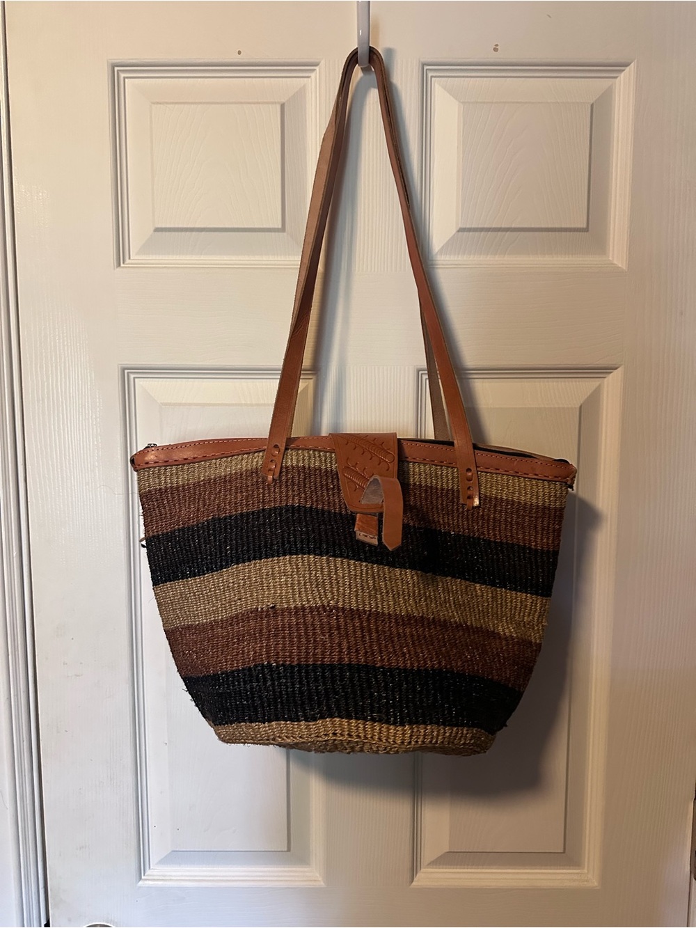 Artisan Striped Woven Tote in Brown, Black, and Tan